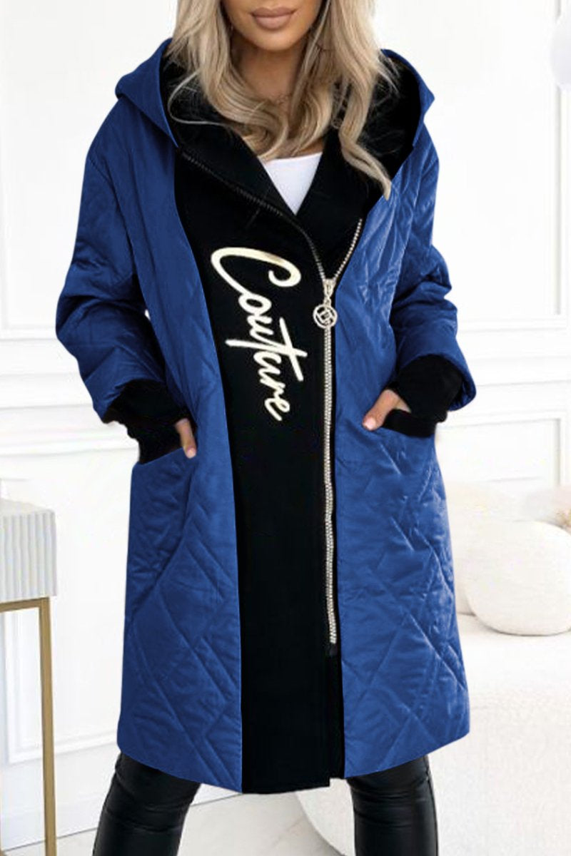 Women's Hooded Zippered Letter Print Long Coat blue