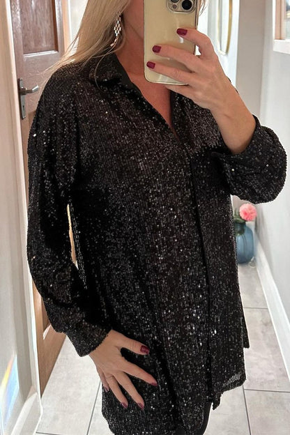 Women's Lapel Single Breasted Sequin Party Shirt