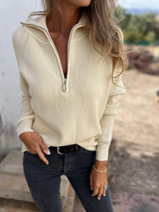 V-neck Long-sleeved Knitted Casual Top apricot