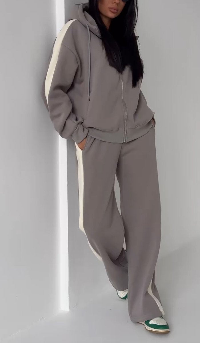 Women's Casual Hooded Contrast Color Two Piece Suit gray