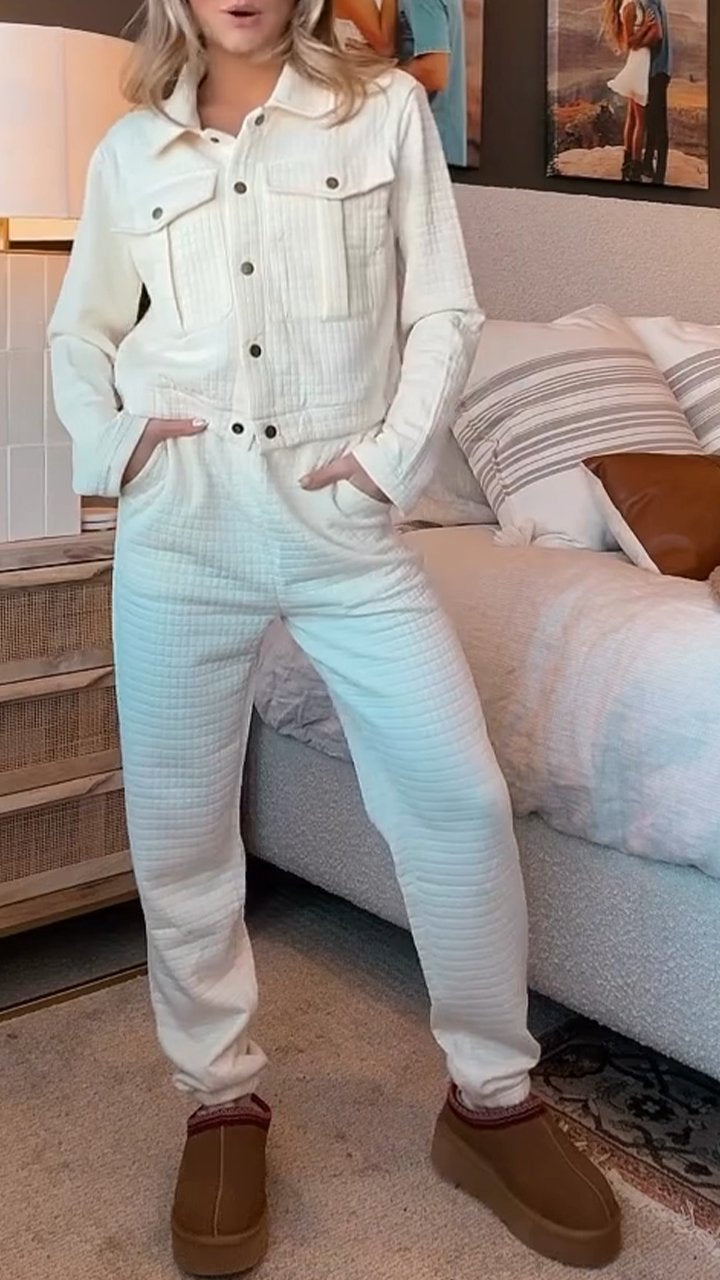 Women's Lapel Long-sleeved Waffle Casual Suit white