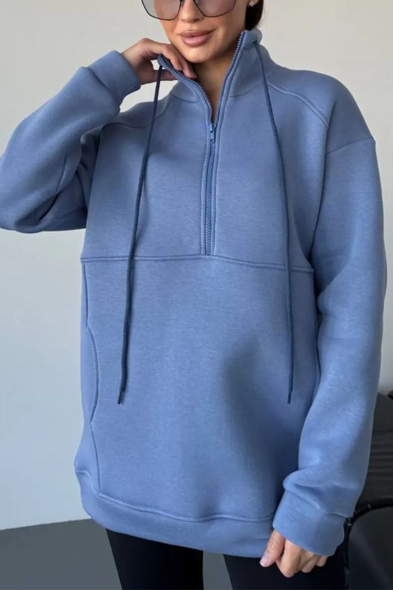 Women's Casual Zip Neck Solid Color Sweatshirt blue