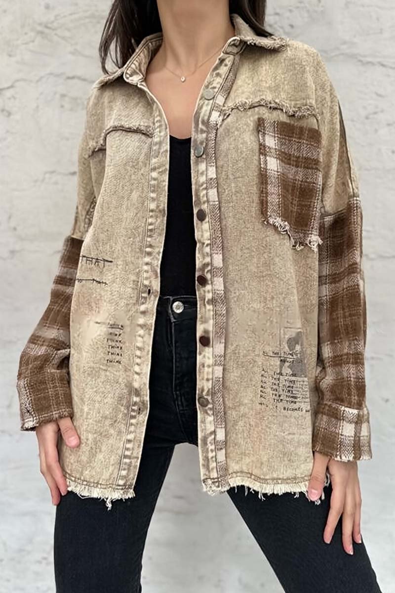 Women's casual plaid patchwork denim jacket Khaki