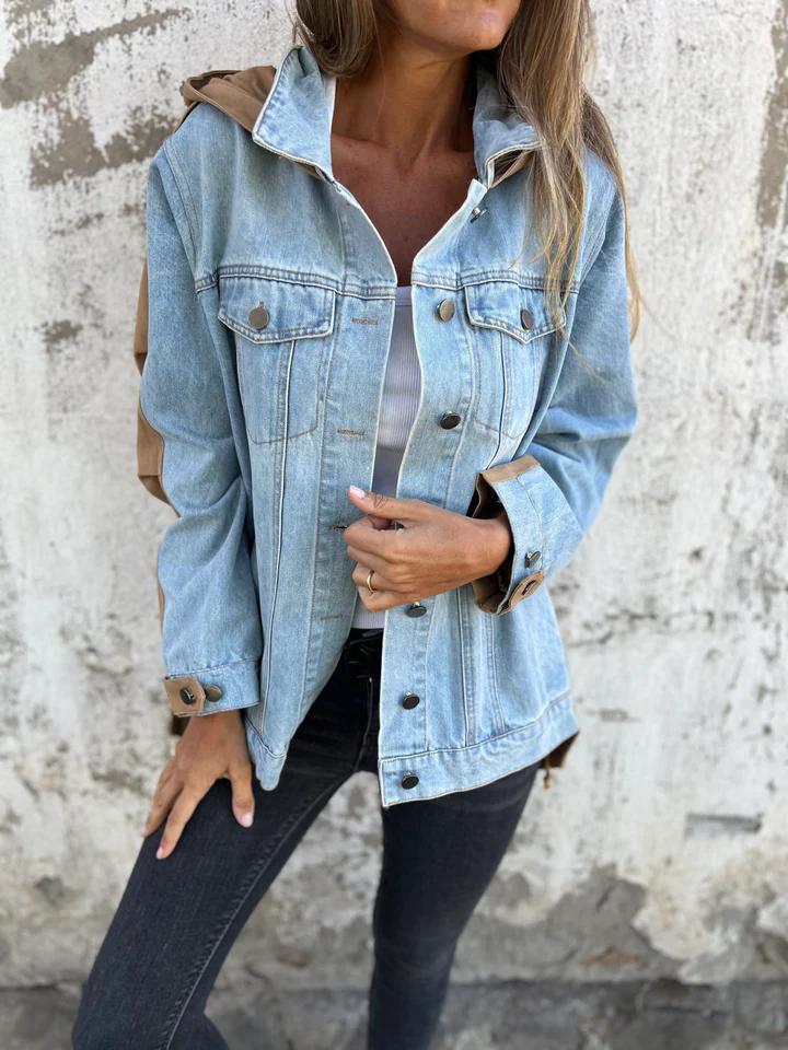 Casual Lapel Hooded Patchwork Denim Jacket blue