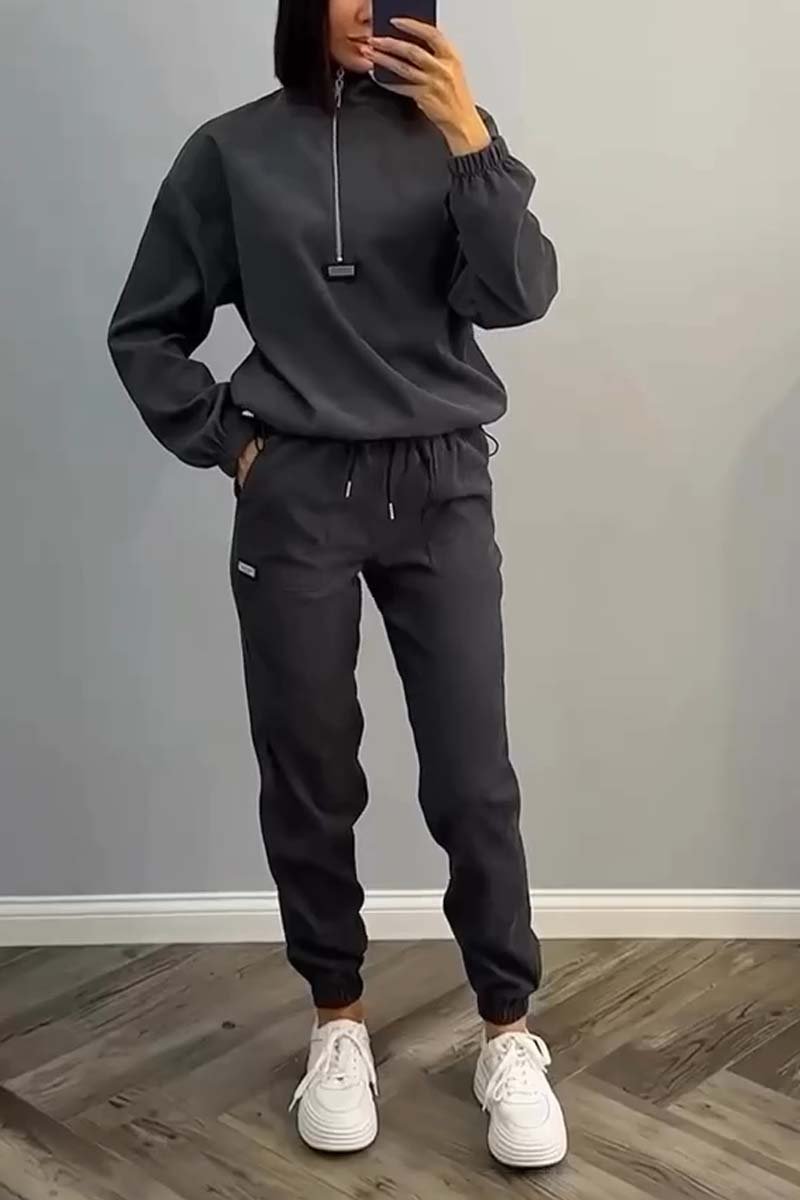 Women's Casual Solid Color Half Zip Long Sleeve Top and Pants Set Dark Gray