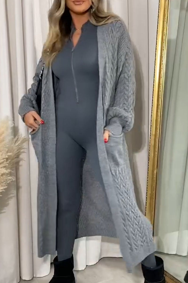 Solid Color Long Sleeve Sweater Long Coat grey