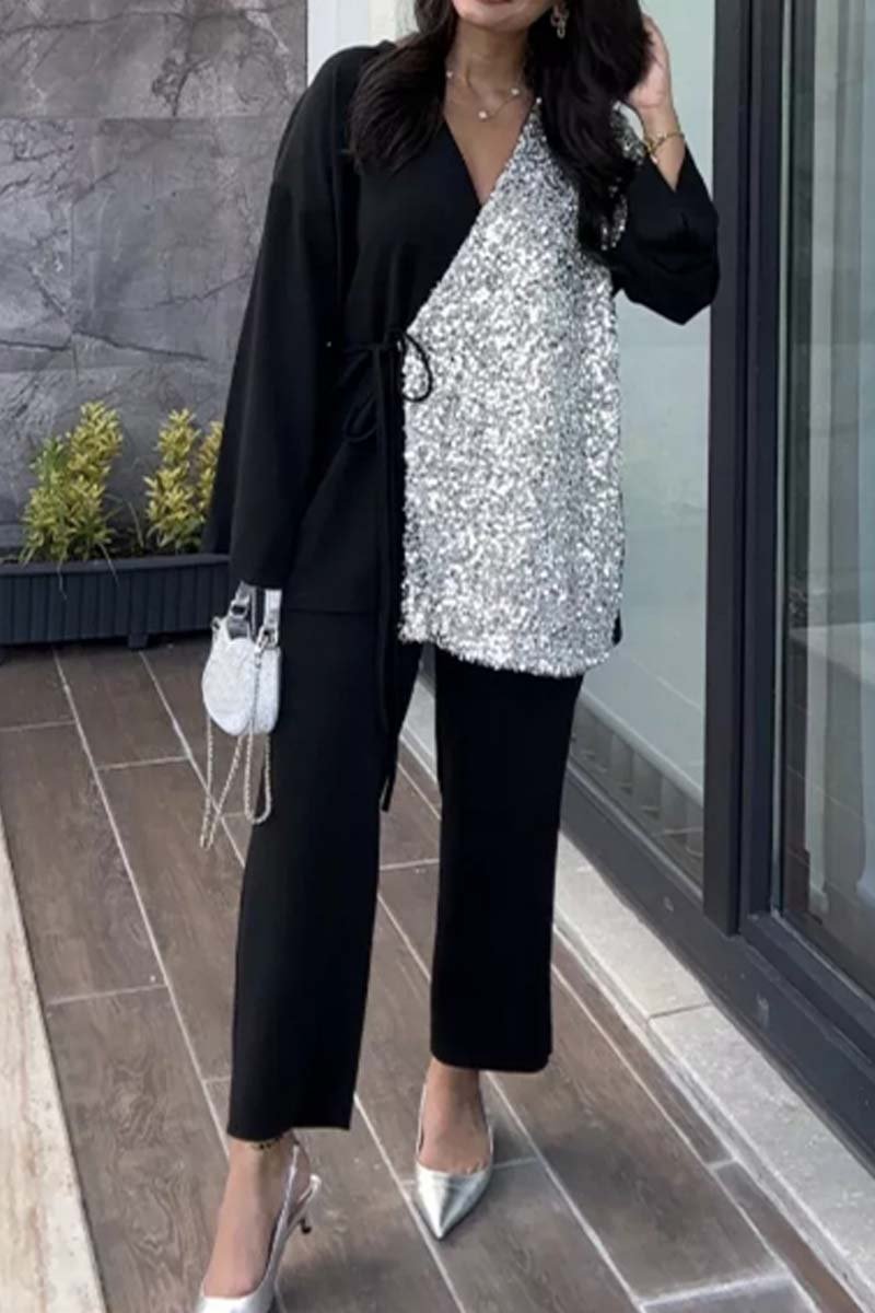 Women's sequin patchwork lace-up suit Black