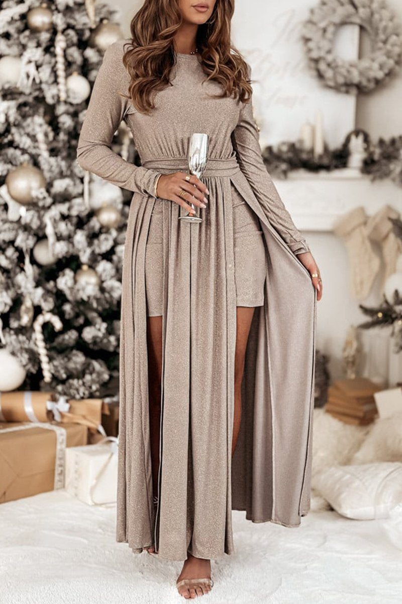 Women's Round Neck Long Sleeve Slit Dress