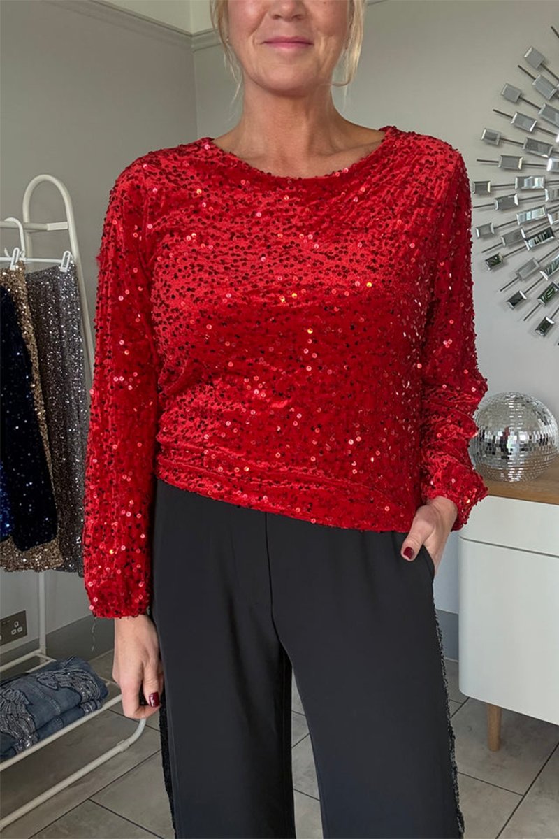 Women's Round Neck Long Sleeve Sequined Party Top Red