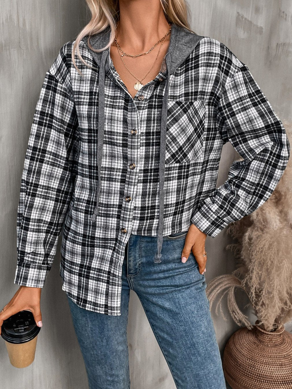 Women's Loose Plaid Casual Hooded Shirt