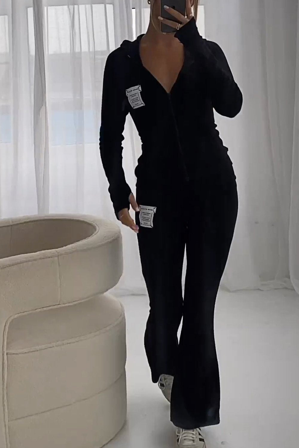 Women's Solid Color Zipper Top and Pants Two-piece Set Black