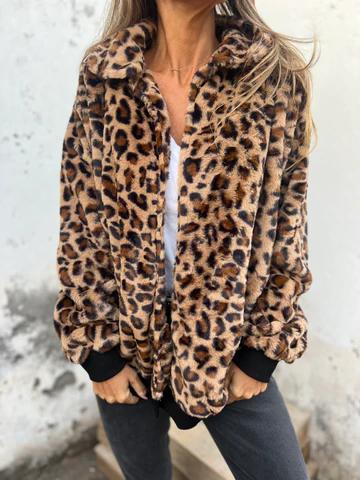 Women's Lapel Leopard Print Long Sleeve Thick Coat