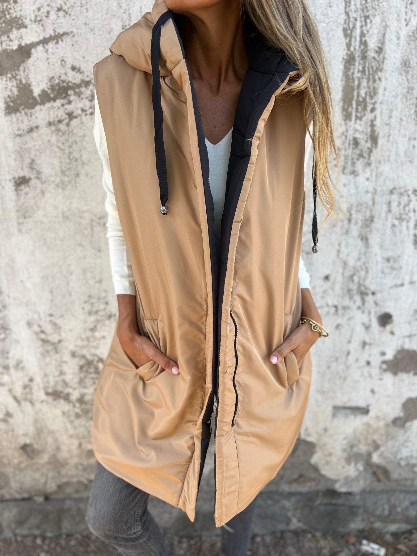 Hooded Zipper Sleeveless Down Jacket khaki