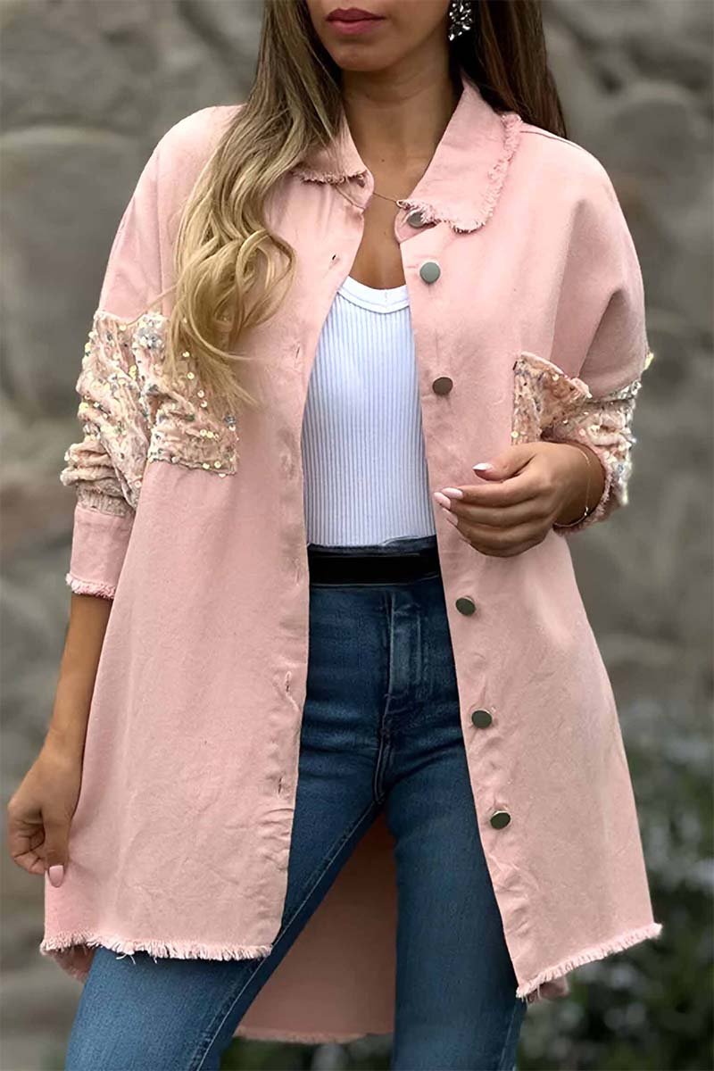 Women's Casual Sequin Patchwork Shirt Pink