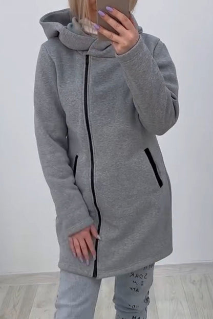 Women's Casual Solid Color Zipper Hooded Cardigan light grey