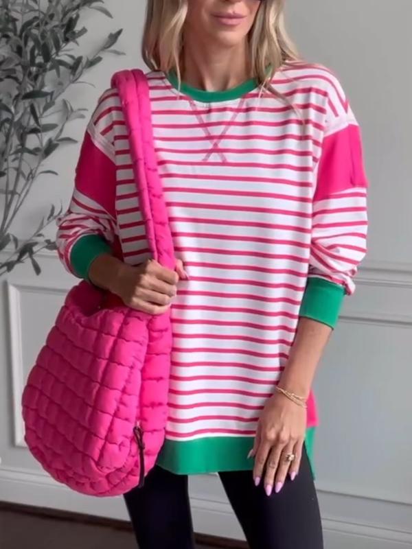 Women's Crew Neck Striped Contrast Top pink and green