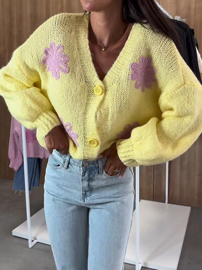 Women's V-neck Embroidered Knitted Cardigan yellow