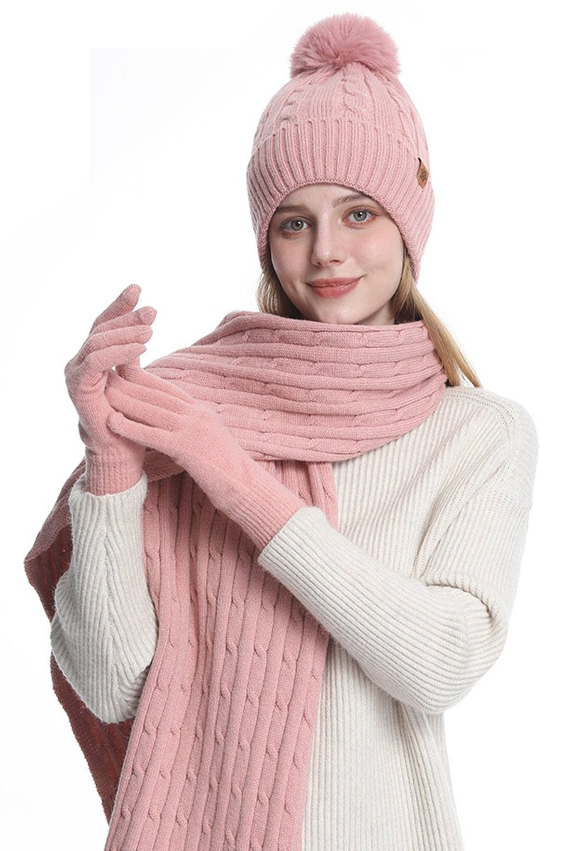 Knitted Hat, Double-layer Fleece Warm Wool Scarf, Gloves, Three-piece Set pink One size