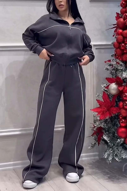 Women's casual sports zipper jacket wide leg pants suit Dark Gray