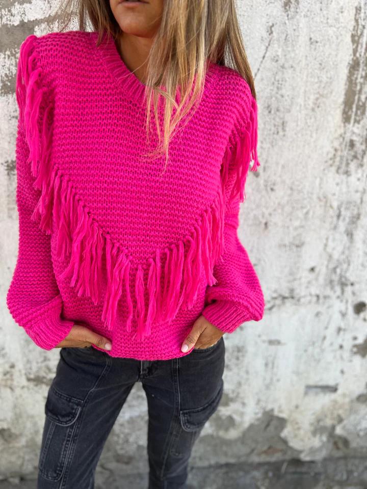 Round Neck Fringed Knitted Top rose red