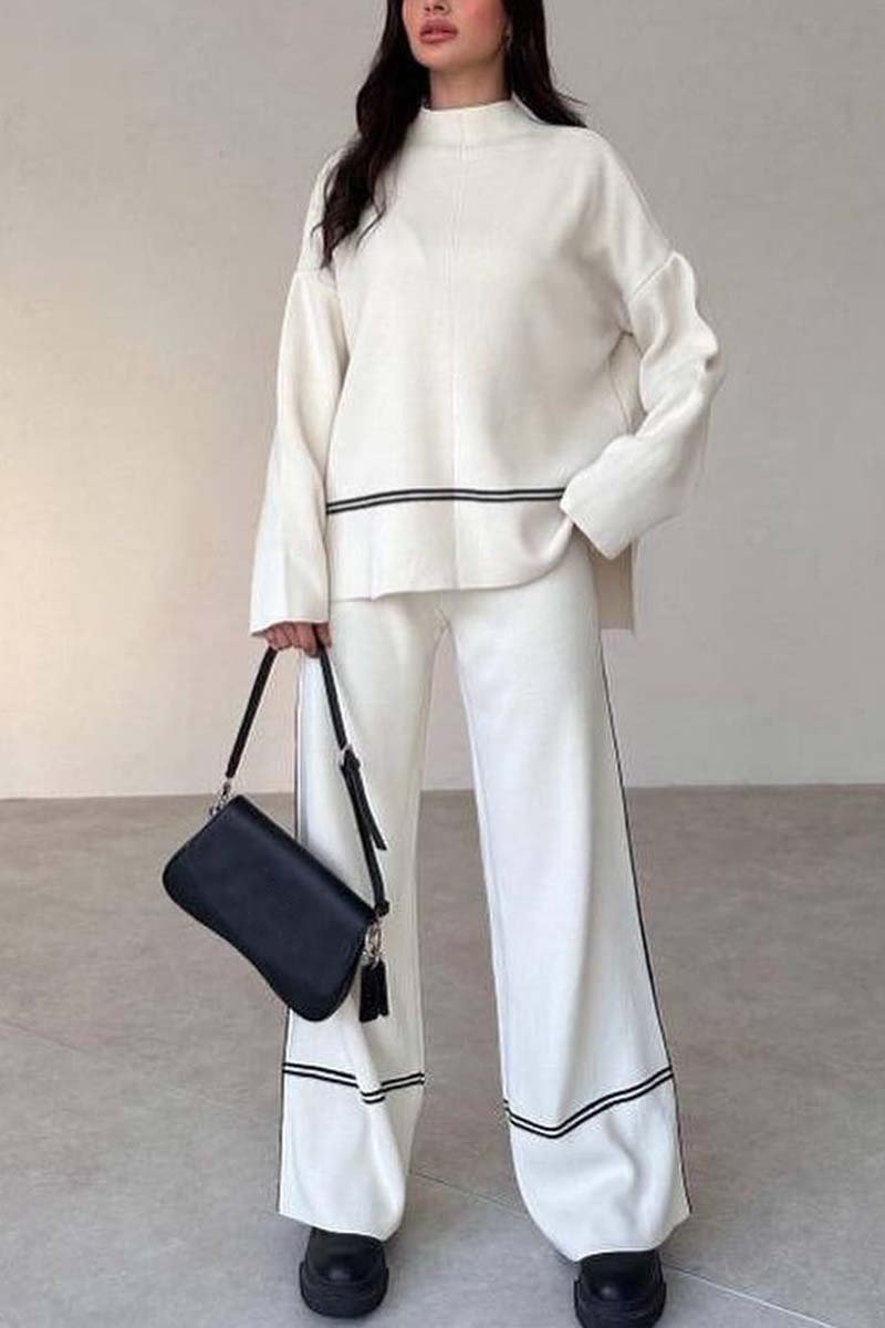 Women's slit hem contrast trim long-sleeve sweater suit White