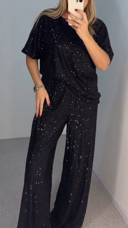 Women's Sequined Mid-sleeve Top + Trousers Casual Suit black