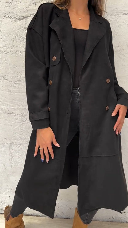 Women's Autumn and Winter Lapel Long Sleeve Casual Long Coat black