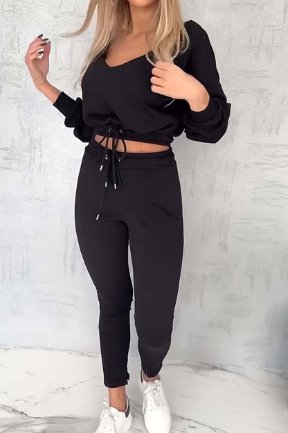 Women's Casual Drawstring Cropped Sweatshirt Set Black