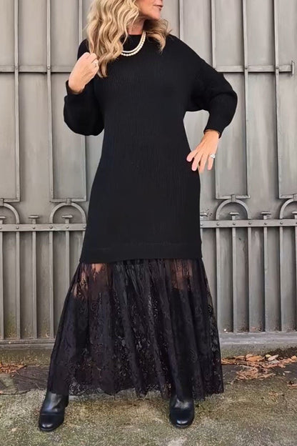 Women's Sweater Lace Patchwork Dresses black