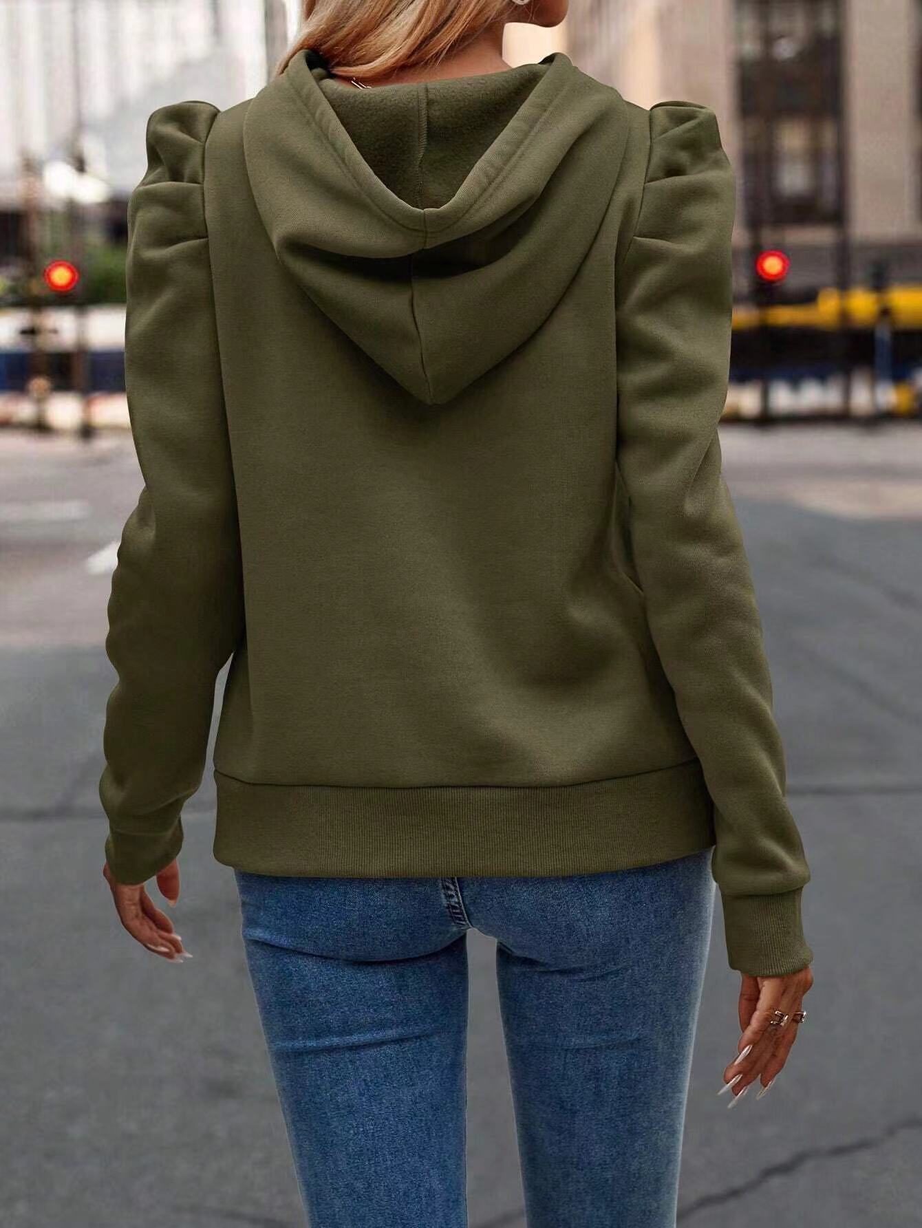 Fashionable Pile Collar Hooded Solid Color Long-sleeved Pullover Sweatshirt