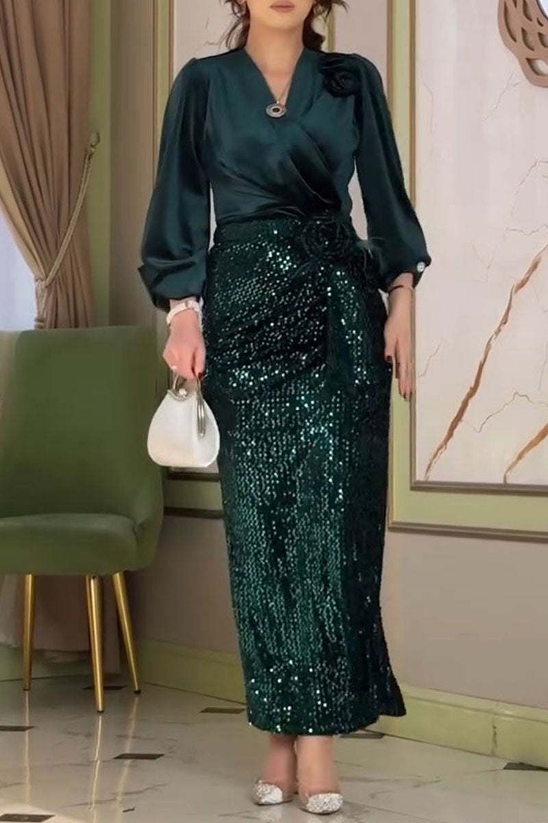 Women's V-neck Long-sleeved Top and Sequined Skirt Two-piece Set