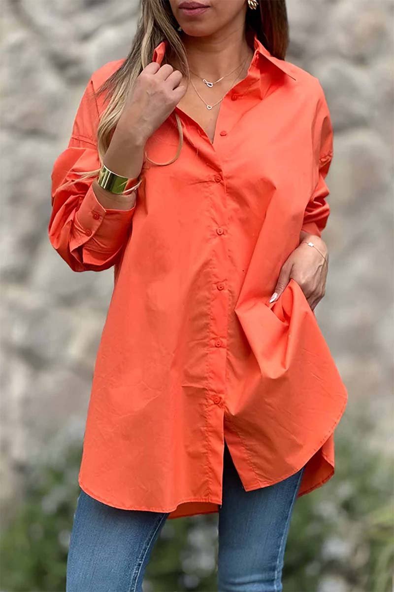 Women's Casual Solid Color Lapel Shirt Orange