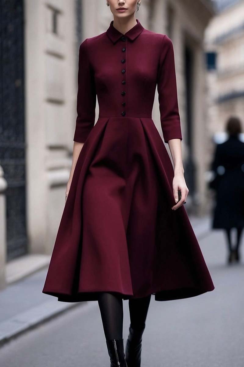 Women's Elegant Half Button Solid Color Dress Wine Red