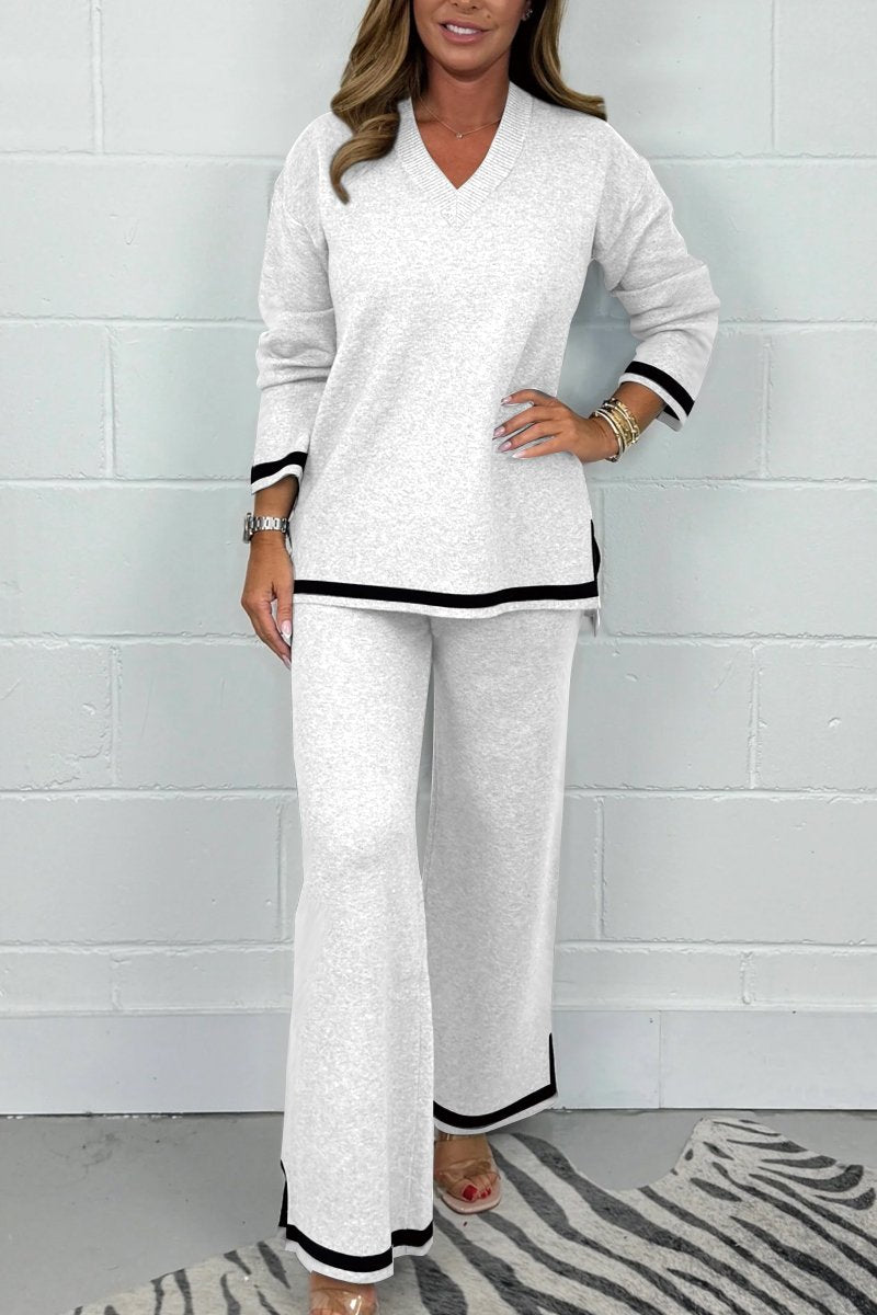 Women's V-Neck Soft Knit Border Edge Trouser Co-Ord White