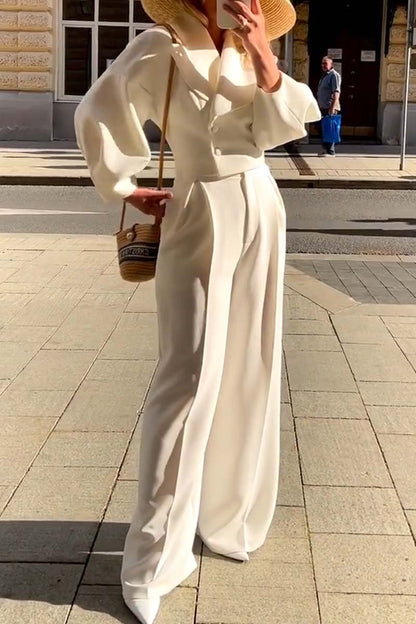 Women's fashionable commuting solid color pants suit White