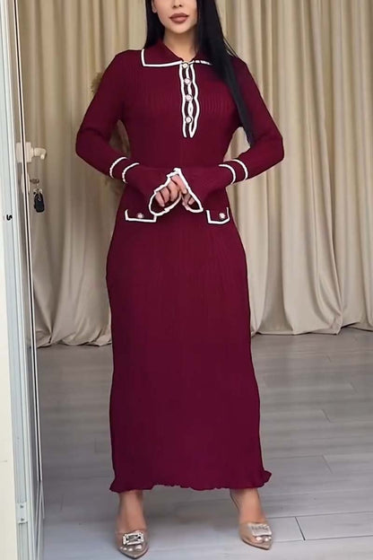 Women's Elegant Slim Contrast Bell Sleeve Knitted Dress Wine Red