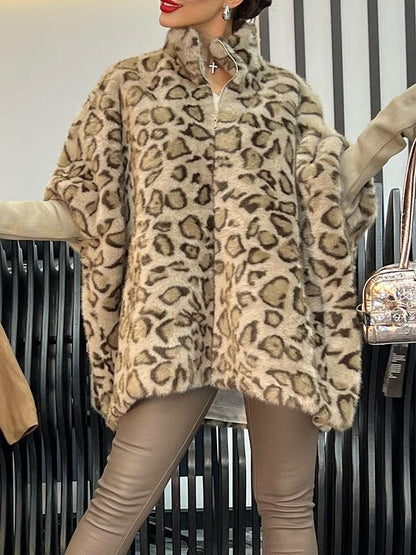 Women's Leopard Print Long Sleeve Coat beige