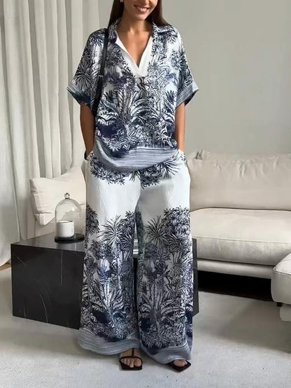 Women's Casual Lapel Printed Short-sleeved Two-piece Suit blue