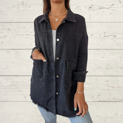 Lapel Single-breasted Denim Jacket with Fringe Design black