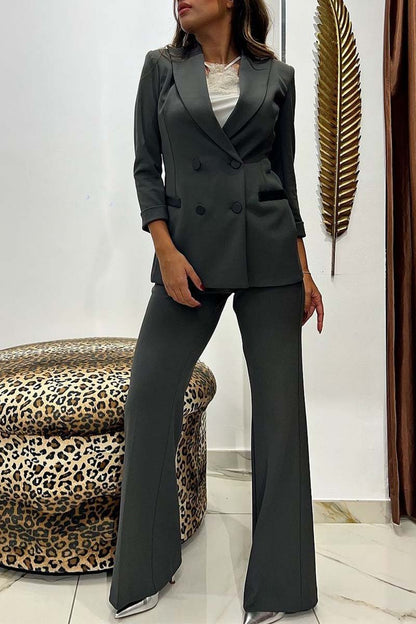 Women's Stylish Commuting Solid Color Blazer and Pants Set Dark Gray