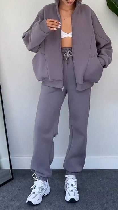 Casual Lapel Zipper Cardigan and Trousers Two-piece Suit purple