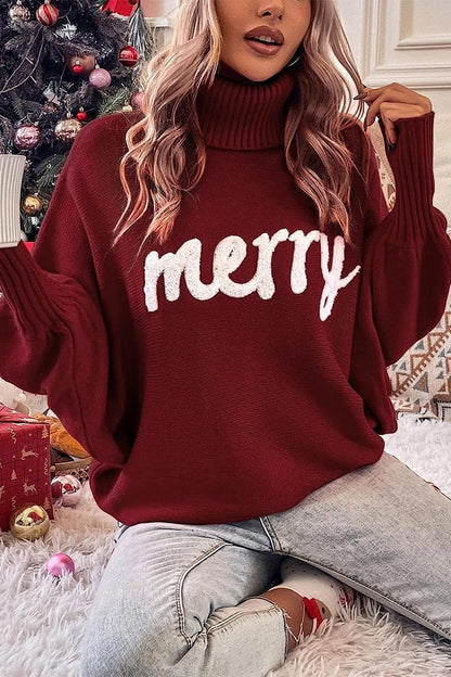 Women's Christmas High-neck Loose Sweater wine red