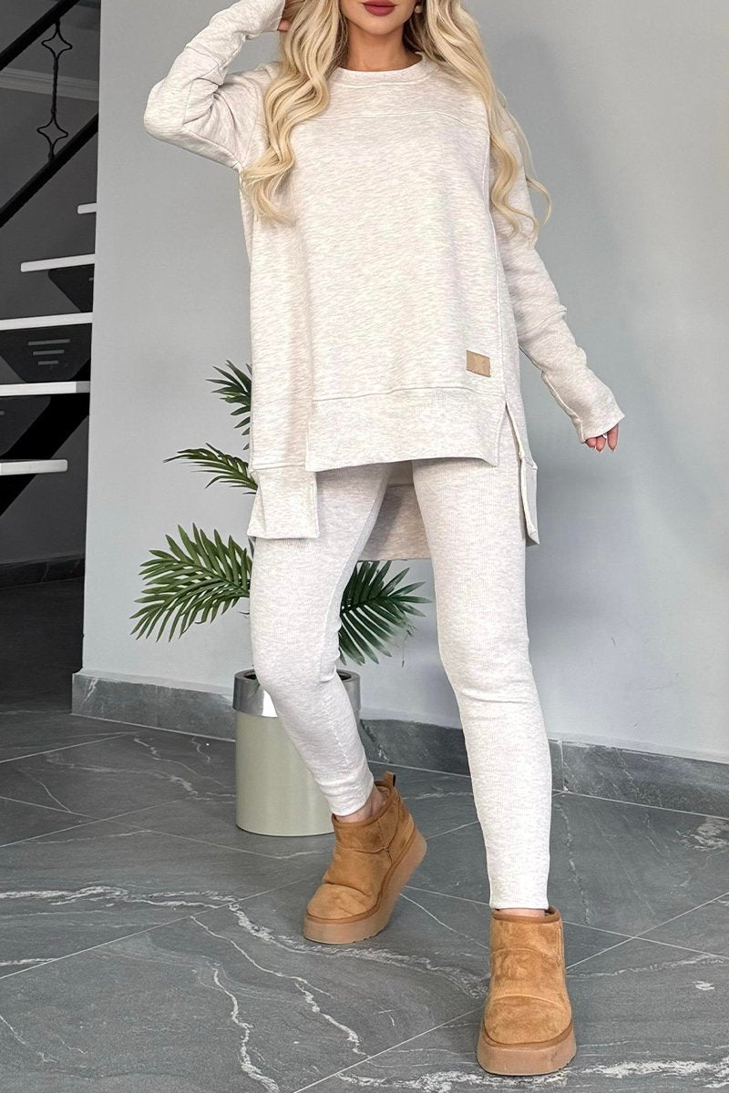 Women's Round Neck Long Sleeve Sweatshirt Suit beige