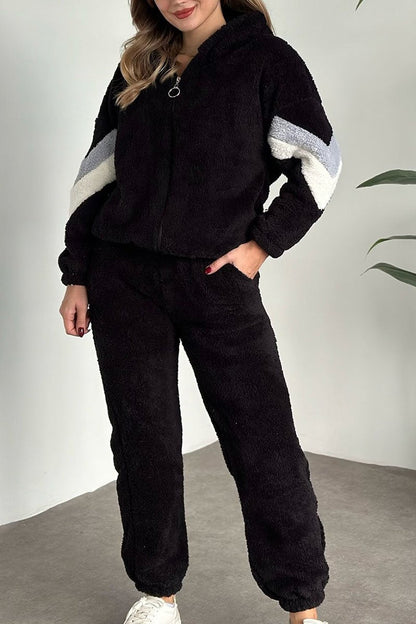 Solid Color Long Sleeve Patchwork Plush Two Piece Set black