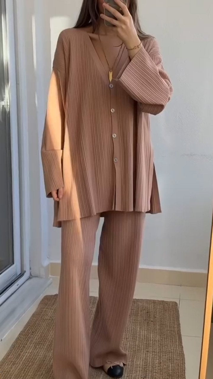 Women's Breasted Loose Casual Knit Suit Brown