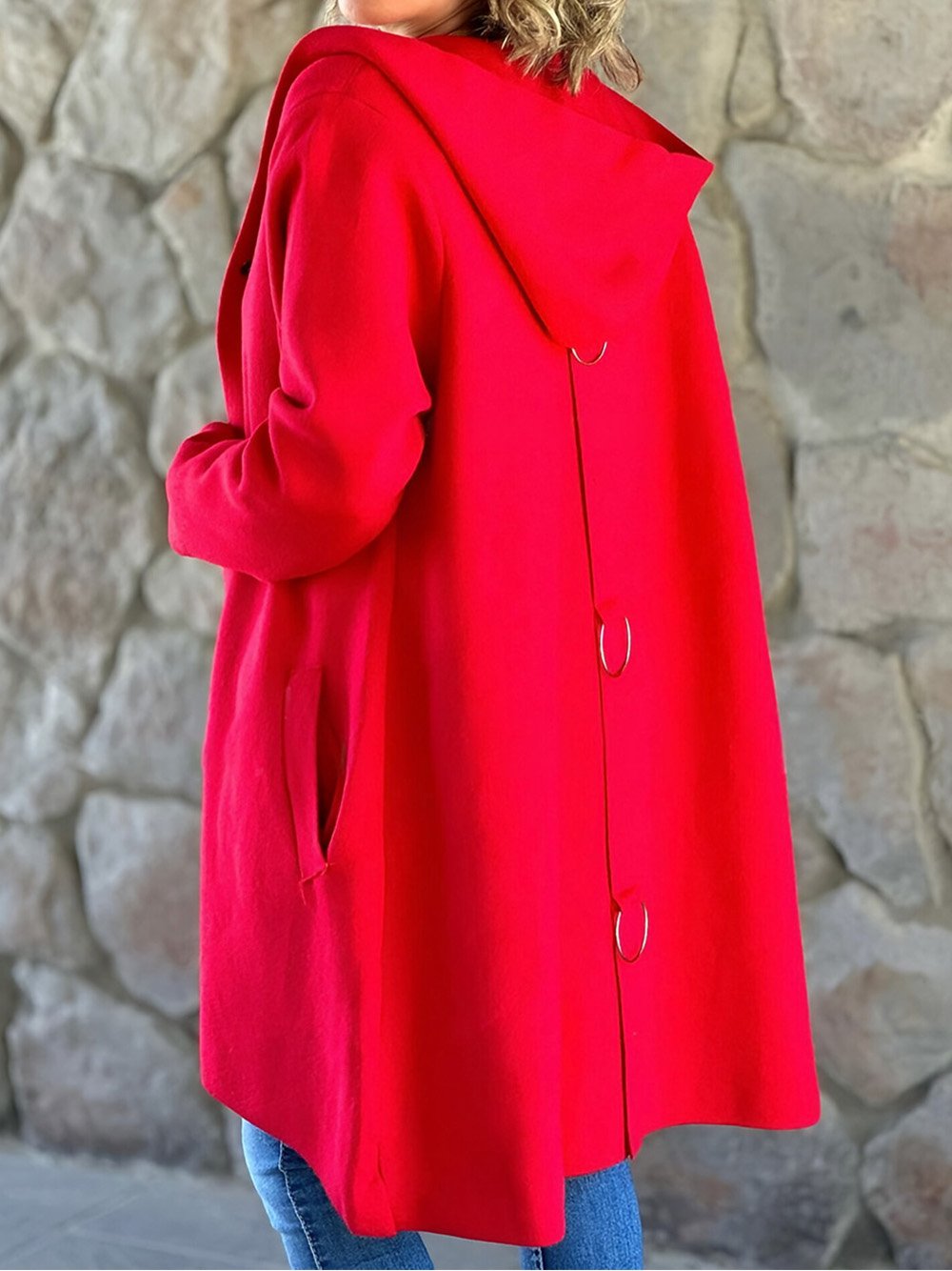 Women's Solid Color Woolen Fabric Hooded Cape Jacket Red