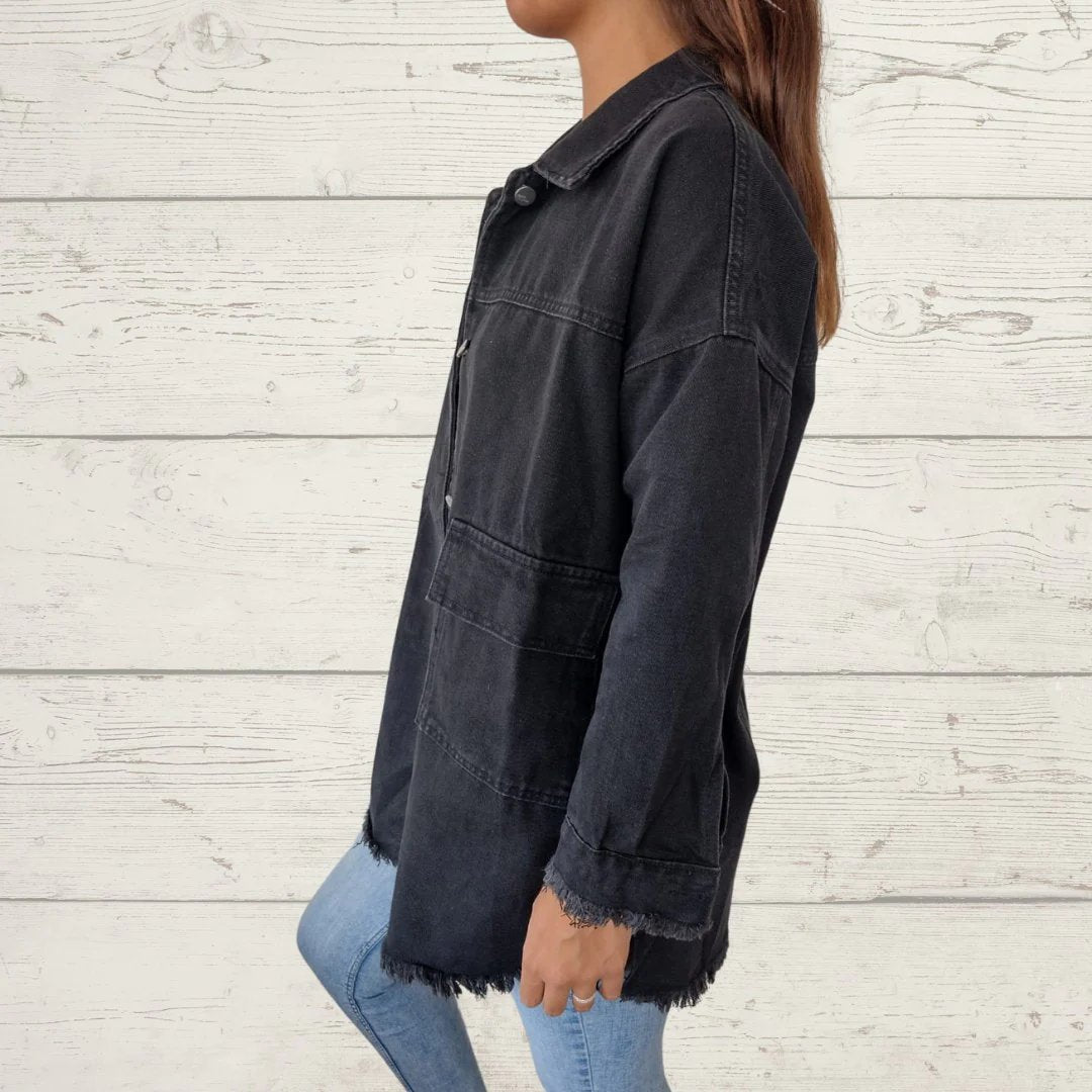 Lapel Single-breasted Denim Jacket with Fringe Design