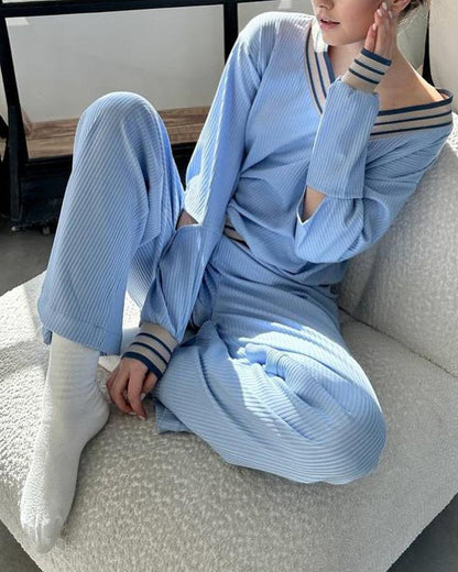 Women's Contrasting Color V-neck Top Casual Suit Sky blue