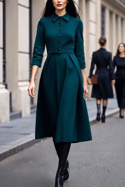 Women's Elegant Half Button Solid Color Dress Drak Green