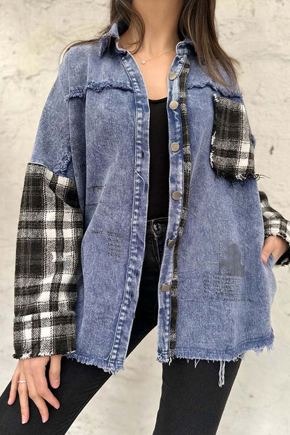 Women's casual plaid patchwork denim jacket Blue